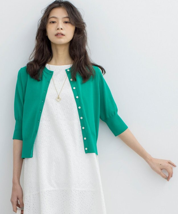 組曲 L ドライタッチ 5分袖カーディガン グリーン系