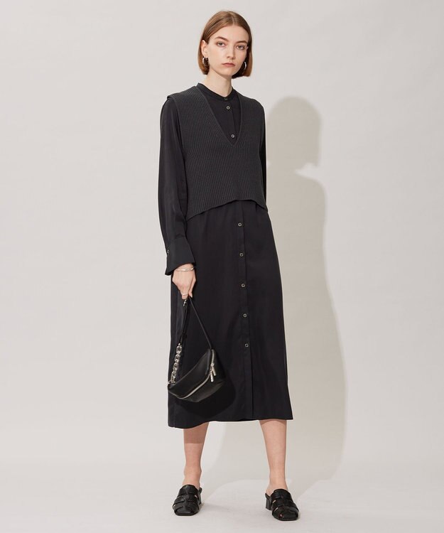 ICB 【洗える】 ルゼブフィブリルサテン シャツワンピース チャコール系