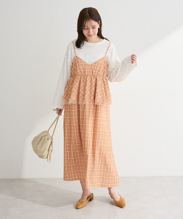 Green Parks ペプラムチェックキャミワンピース Orange
