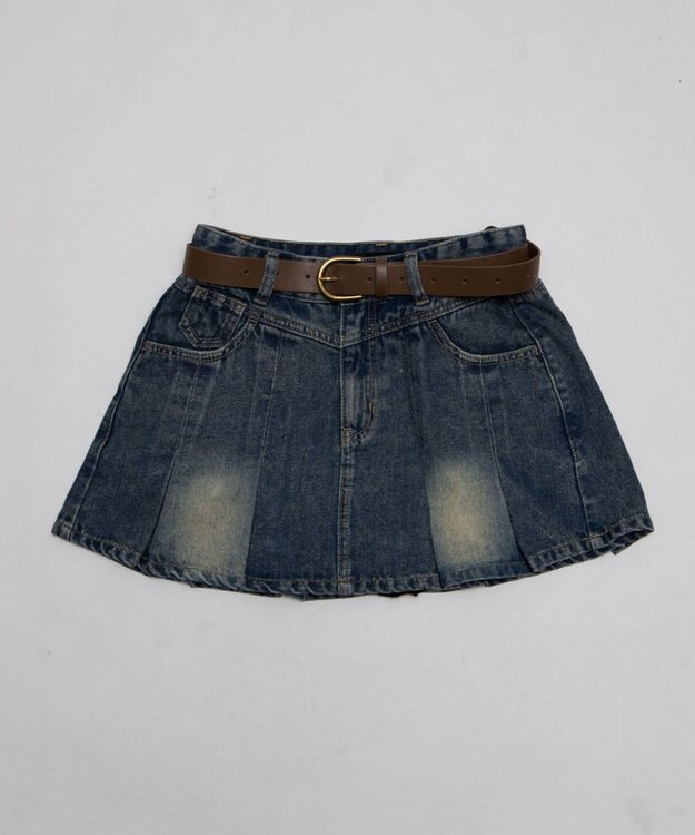 WEGO ベルト付きウォッシュドデニムミニスカパン デニム中濃色