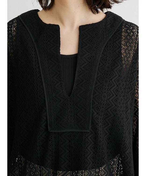 Green Parks カフタンレース７分袖ブラウス Black