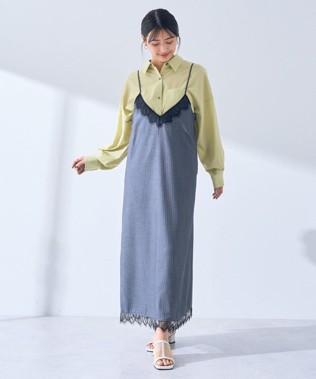 YECCA VECCA ストライプ柄レースMIXキャミワンピース Gray