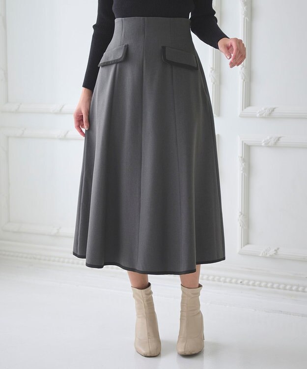 Feroux 【洗える】バイカラーフレア スカート グレー系