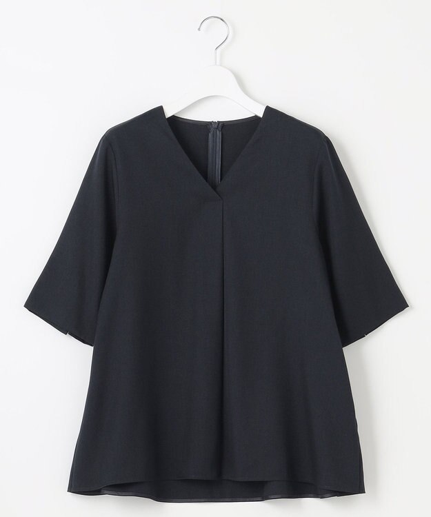 自由区 【接触冷感・速乾・UVケア・撥水・防シワ・XSサイズあり】リネンライクツィル5分袖 ブラウス ネイビー系