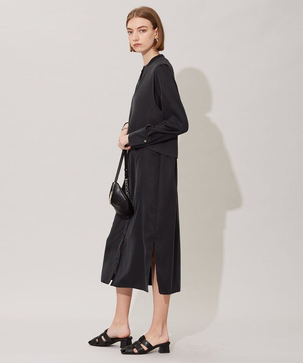 ICB 【洗える】 ルゼブフィブリルサテン シャツワンピース チャコール系