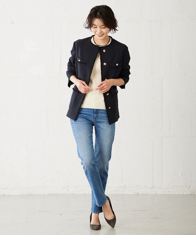 J.PRESS LADIES ナチュラルツイードストレッチ ノーカラー ジャケット ネイビー系