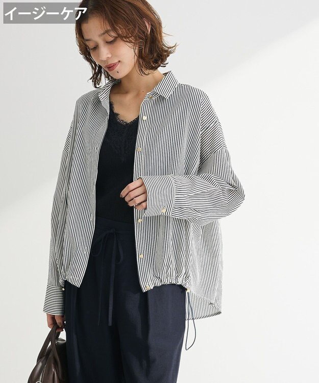 Green Parks 金ボタン裾ドロストシャツ Stripe