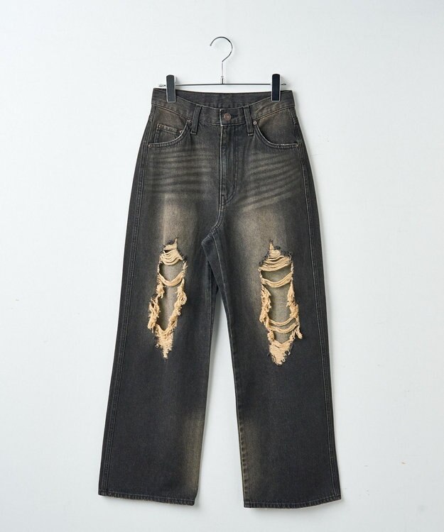 WEGO ヴィンテージウォッシュダメージデニムパンツ ブラック中濃色