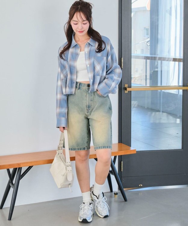 WEGO チェックショートシャツ サックス