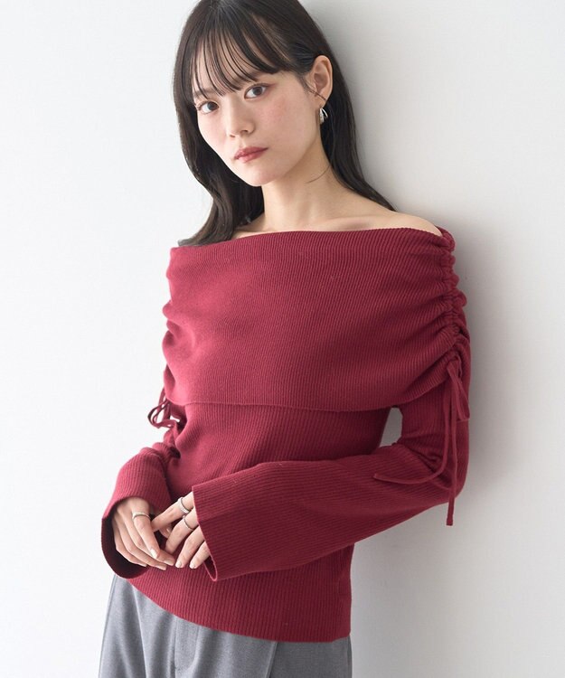 earth music&ecology リボンギャザーオフショルニットプルオーバー Bordeaux
