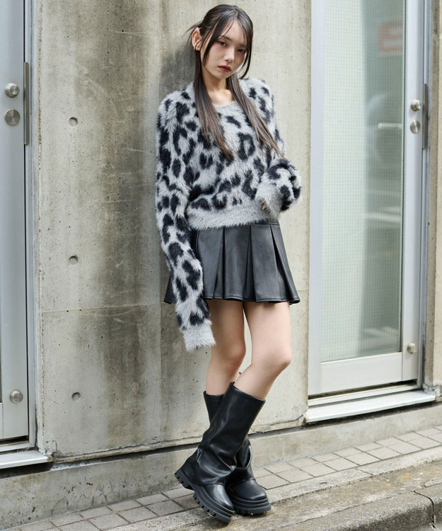 WEGO レオパードシャギーショートニット グレー