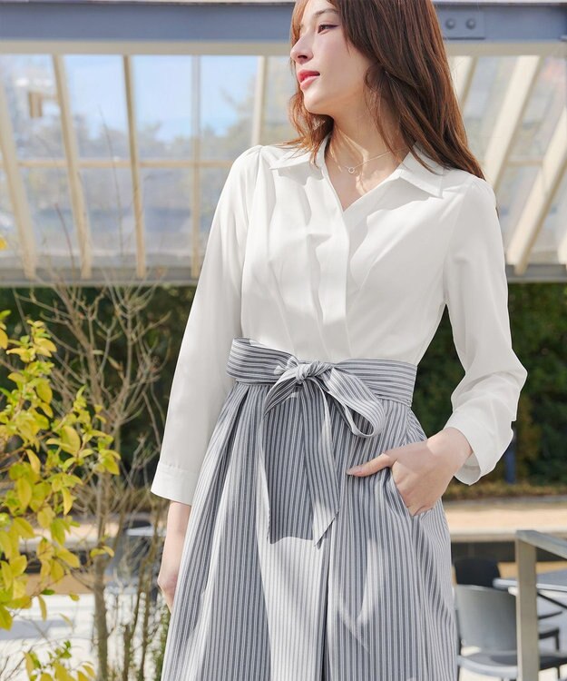 Tiaclasse カシュクールシャツワンピース オフホワイトグレーストライプ