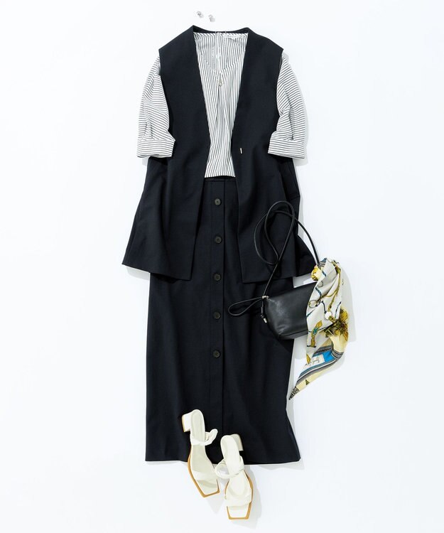 23区 L 【セットアップ対応】オックスストレッチ ノーカラー ジレ ブラック系