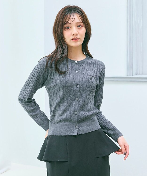 Feroux ケーブル編み×リボン刺繍 ニット カーディガン グレー系