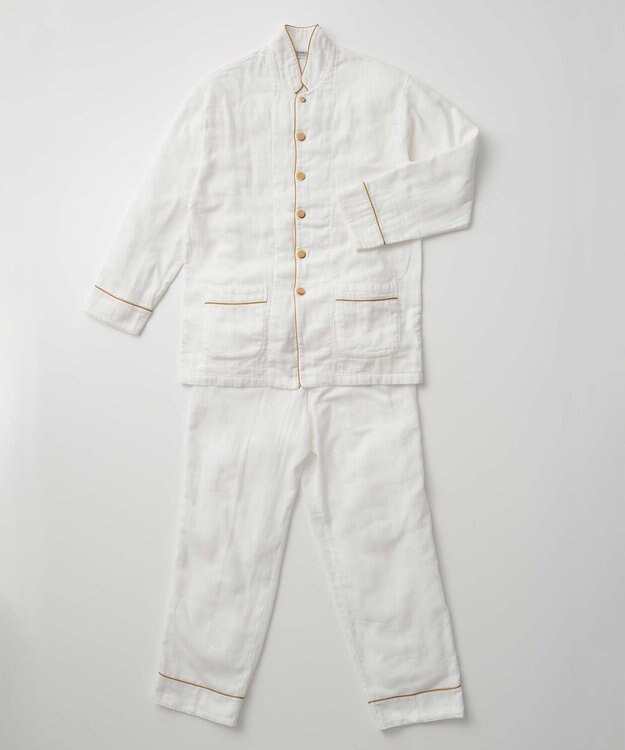京和晒綿紗 【紗栄子さん愛用パジャマの色違い/UNISEX】ガーゼパジャマ 2重合わせ 白 マスタードバイアス
