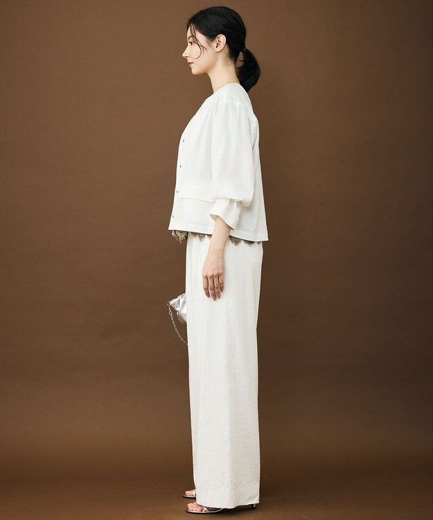 自由区 【セットアップ対応】リネンストレッチノーカラー ジャケット オフ