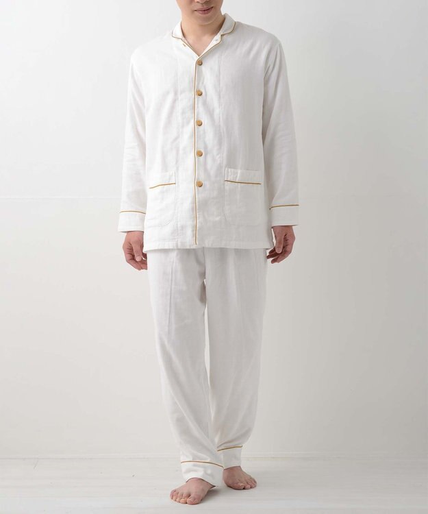 京和晒綿紗 【紗栄子さん愛用パジャマの色違い/UNISEX】ガーゼパジャマ 2重合わせ 白 マスタードバイアス