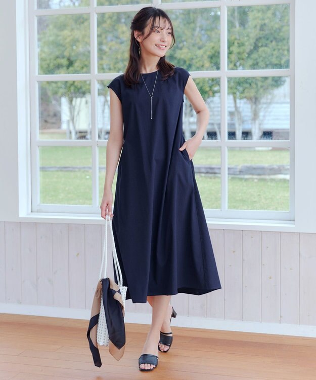 Tiaclasse L 【2WAY・洗える】ウエストリボンフレンチスリーブマキシワンピース グリーン