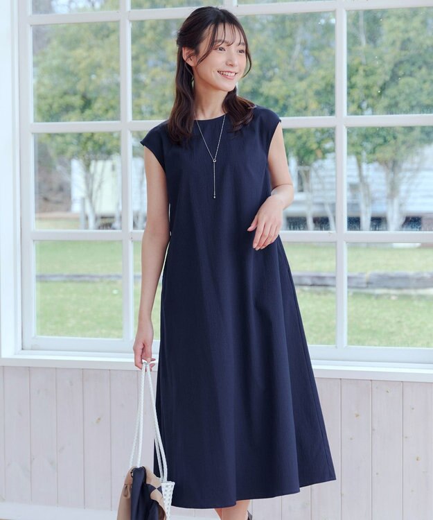 Tiaclasse L 【2WAY・洗える】ウエストリボンフレンチスリーブマキシワンピース ネイビー