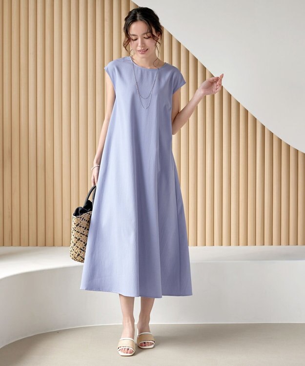 Tiaclasse L 【2WAY・洗える】ウエストリボンフレンチスリーブマキシワンピース ブルー