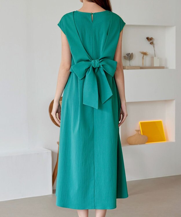 Tiaclasse L 【2WAY・洗える】ウエストリボンフレンチスリーブマキシワンピース グリーン