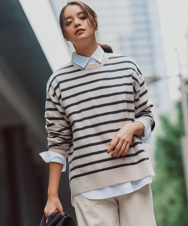 23区 リュクスピュアカシミヤ ボートネックニット グレー カシミヤ100% 見上愛さん着用/洗える】ピュアカシミヤ クルーネック ニット