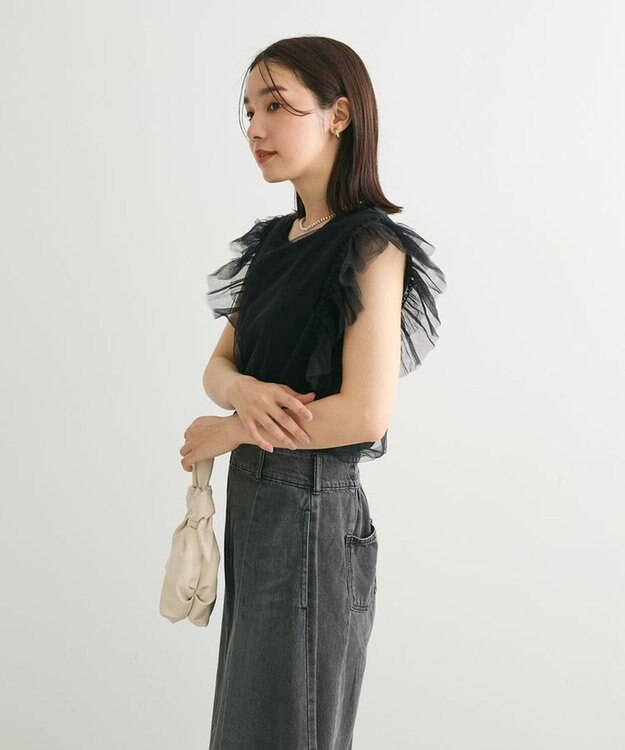 Green Parks ・swing by チュールレイヤーノースリーブニット Black