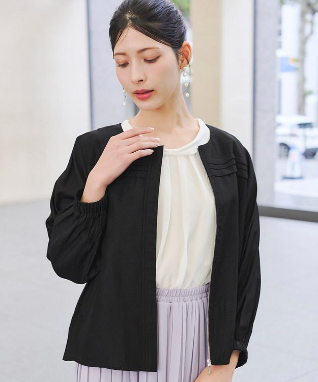 Tiaclasse 【洗える】 シアーピンタックブルゾン ブラック