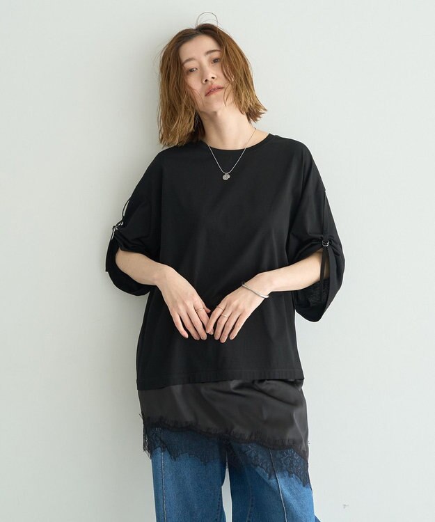 YECCA VECCA ドロストスリーブヘムレースTee Black