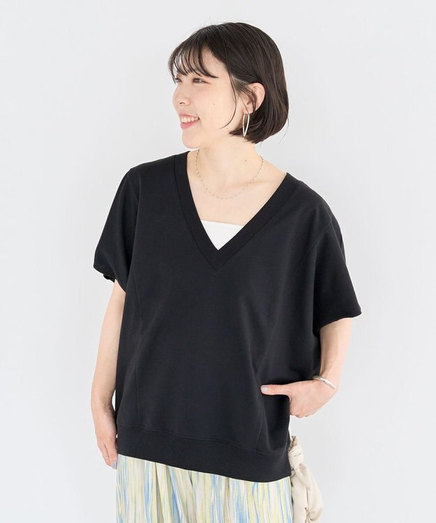 Green Parks 深Ｖネックミニ裏毛フレンチスリーブプルオーバー Gray