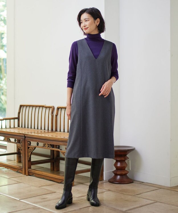 J.PRESS LADIES L 【洗える】LANATEC シャークスキン&ヘリンボーン ジャンパースカート グレー系