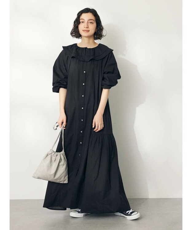 CRAFT STANDARD BOUTIQUE インド綿フリル衿ワンピース Black