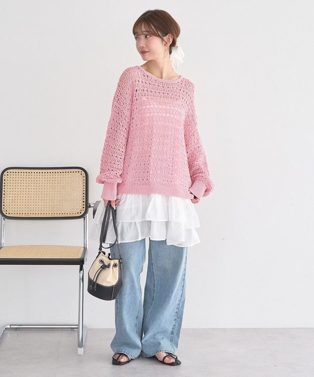 earth music&ecology メッシュニットプルオーバー Pink