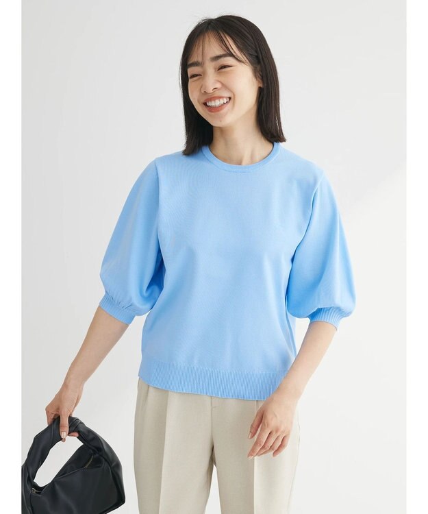 Green Parks パフ５分袖ニットプルオーバー Sax