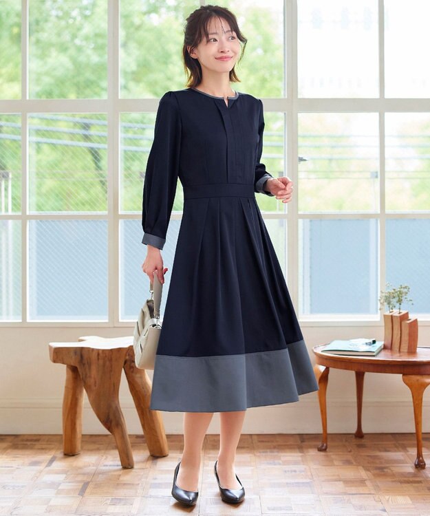 Tiaclasse L 【セレモニー・XSサイズ(5号)追加・新色追加・洗える】キーネックフレアワンピース ネイビー×グレー