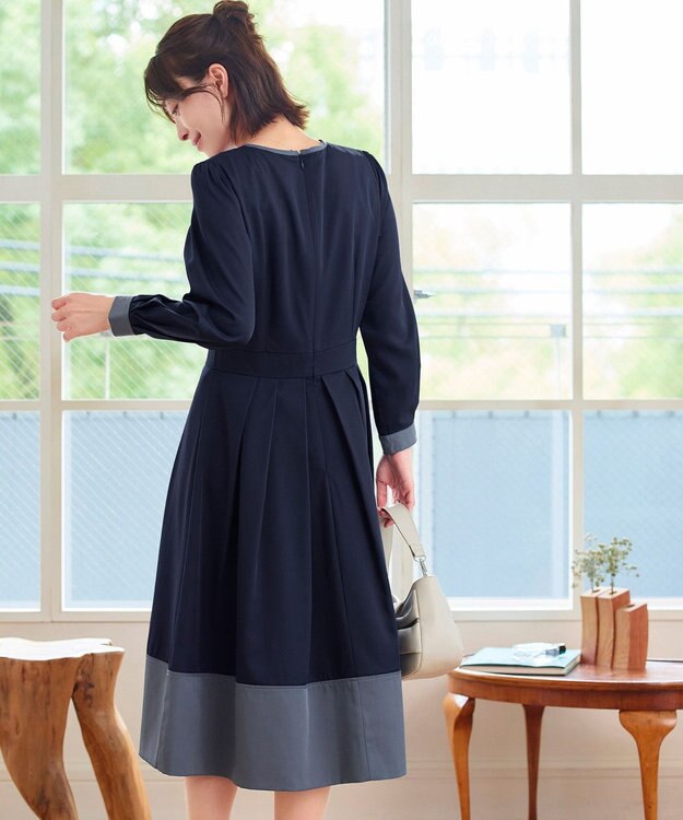 Tiaclasse L 【セレモニー・XSサイズ(5号)追加・新色追加・洗える】キーネックフレアワンピース ネイビー×グレー