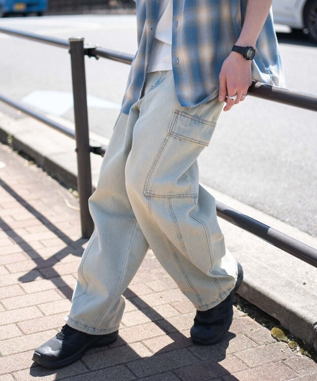 WEGO 【SMLサイズ展開/ウエスト紐】イージー3Dバレルレッグデニムカーゴパンツ デニム淡色