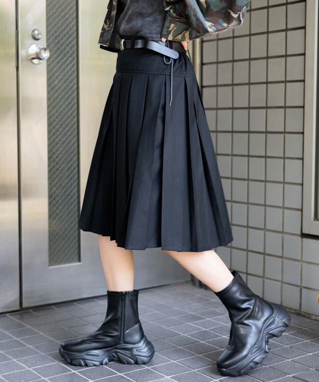 WEGO ベルト付プリーツミドルスカート ブラック