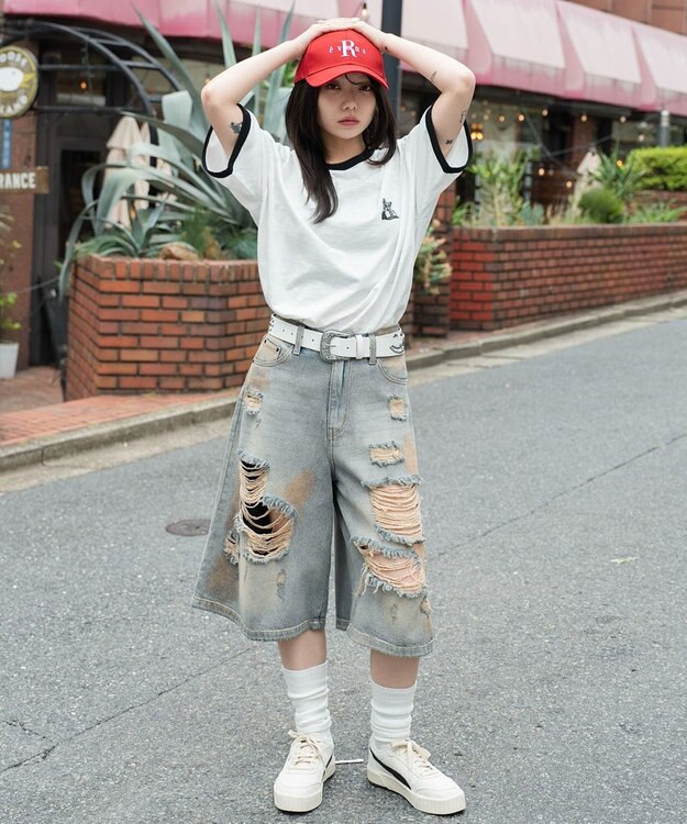 WEGO 【ユニセックス着用ITEM】ワンポイント刺繍リンガーT（SS） ホワイト