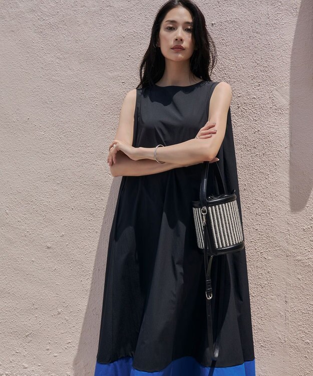 ICB L 【洗える】RENUソフトタイプライター ノースリーブワンピース ブラック×ブルー系