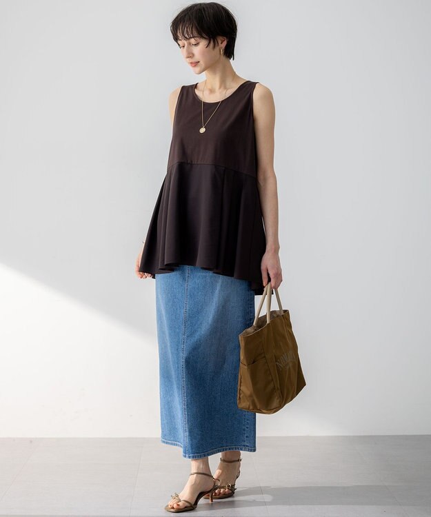23区 【洗える】ナチュラルコットンベア タフタコンビ タンクトップ ダークブラウン系