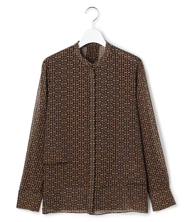 ICB 【30th ANNIVERSARY】 モノグラムプリントシフォン バンドカラーブラウス キャメル×ブラック系