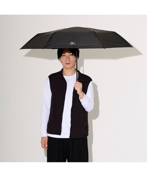 MOONBAT 【WEB限定】MIZUNO  (ミズノ) 無地 ロゴ 日傘 折りたたみ傘 パラソル 晴雨兼用 軽量 一級遮光  遮熱効果 遮光率100% UV遮蔽100% ブラック