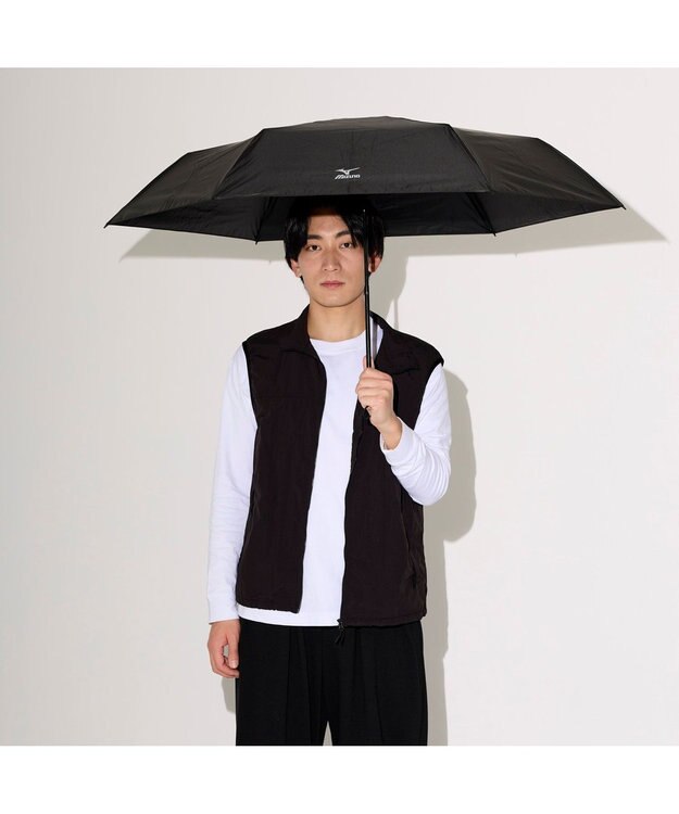 MOONBAT 【WEB限定】MIZUNO  (ミズノ) 無地 ロゴ 日傘 折りたたみ傘 パラソル 晴雨兼用 軽量 一級遮光  遮熱効果 遮光率100% UV遮蔽100% ブラック