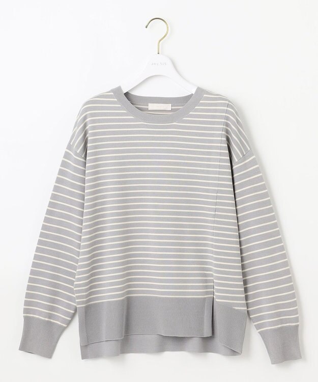 ANY SIS 【洗える】サイドスリット ニット ライトグレー×アイボリー