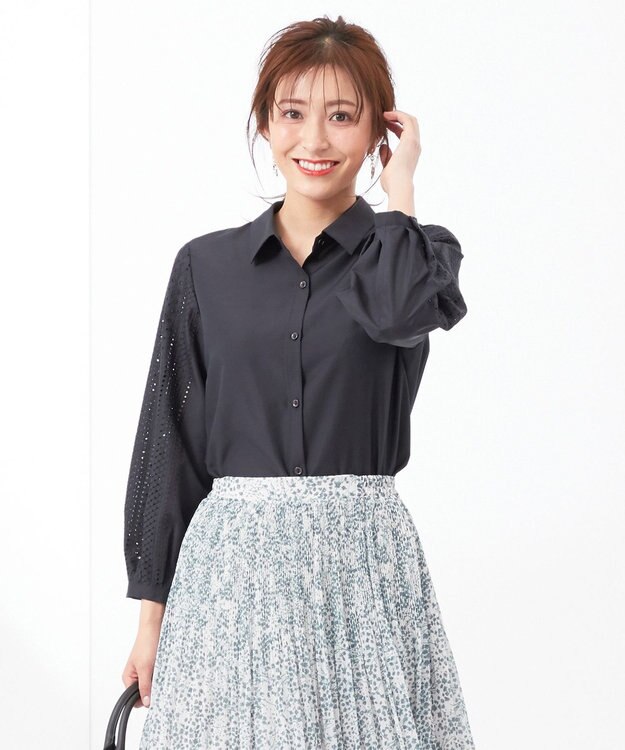 ANY SIS 【洗える】エンブロイダリースリーブ ブラウス ネイビー