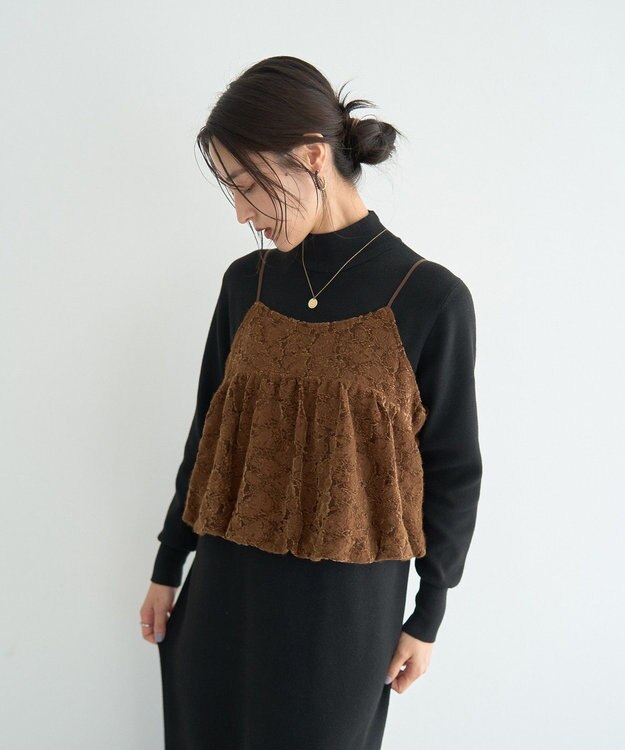 YECCA VECCA 【2点SET】バルーンキャミ付きニットワンピース Camel