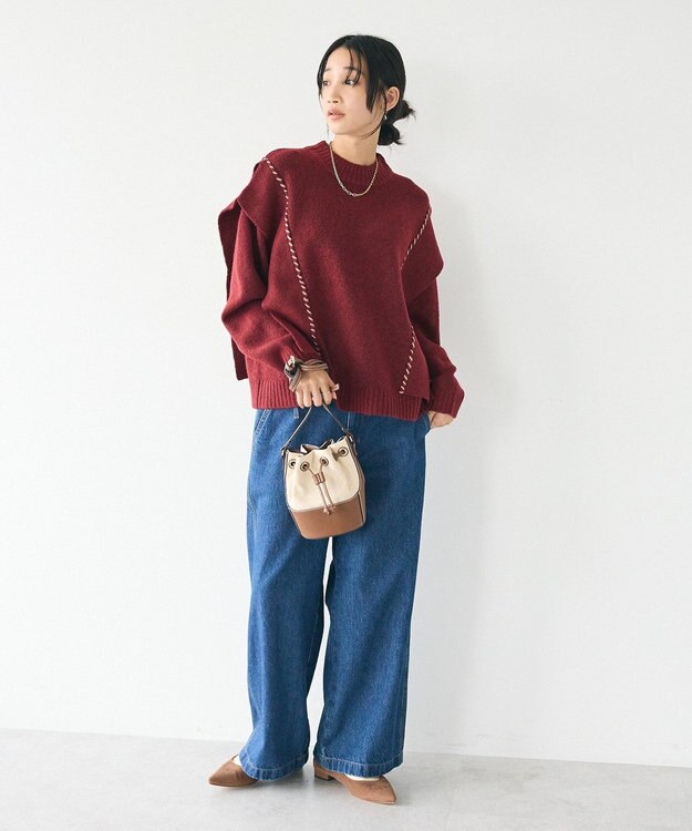 CRAFT STANDARD BOUTIQUE 洗える/ハンドステッチデザインニットプルオーバー Bordeaux