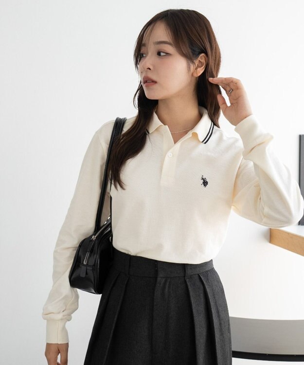 WEGO 【25年秋冬新作/ユニセックスITEM/SMLサイズ展開】別注USPOLOラインポロシャツ（長袖） ホワイトアイボリー