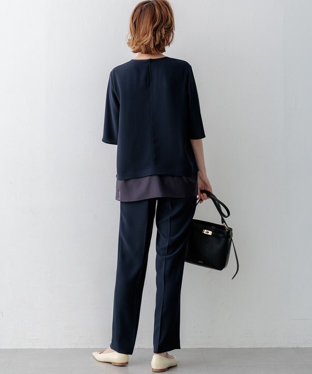 23区 S 【吸水速乾/UVカット/接触冷感】ストレッチジョーゼット シアーコンビ カットソー ネイビー系